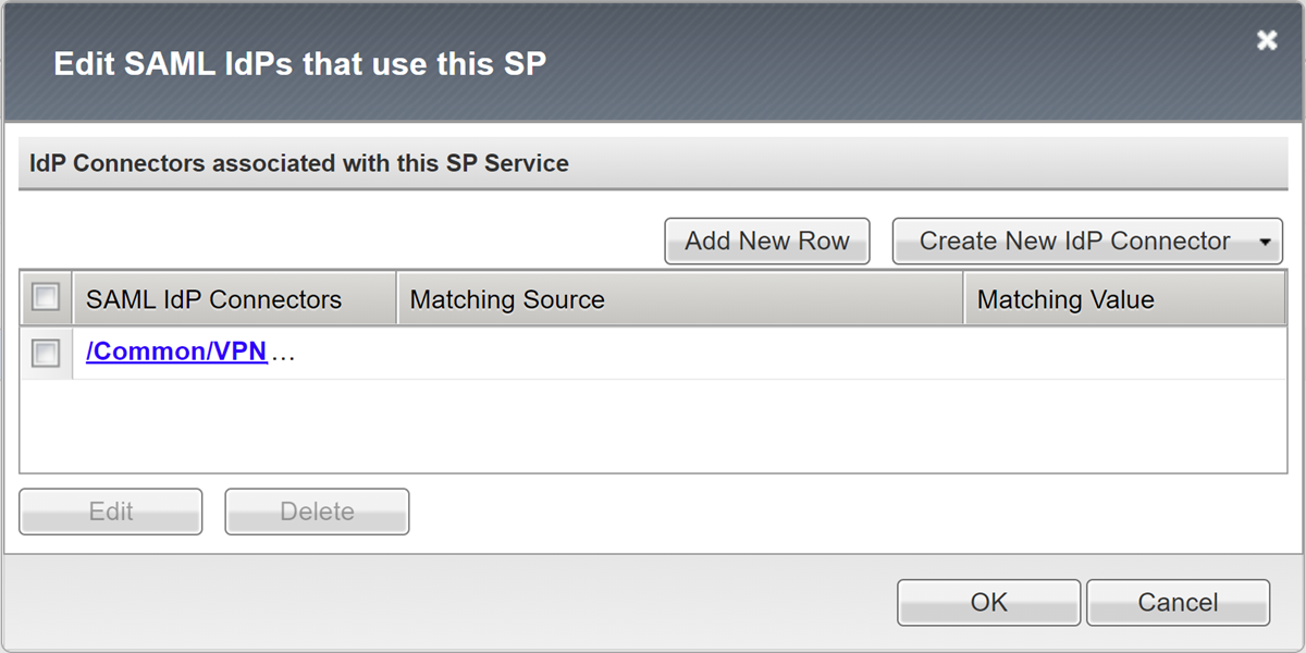 SAML IdPs'lerini Düzenle sayfasındaki Ortak, VPN Azure bağlantısının ekran görüntüsü.