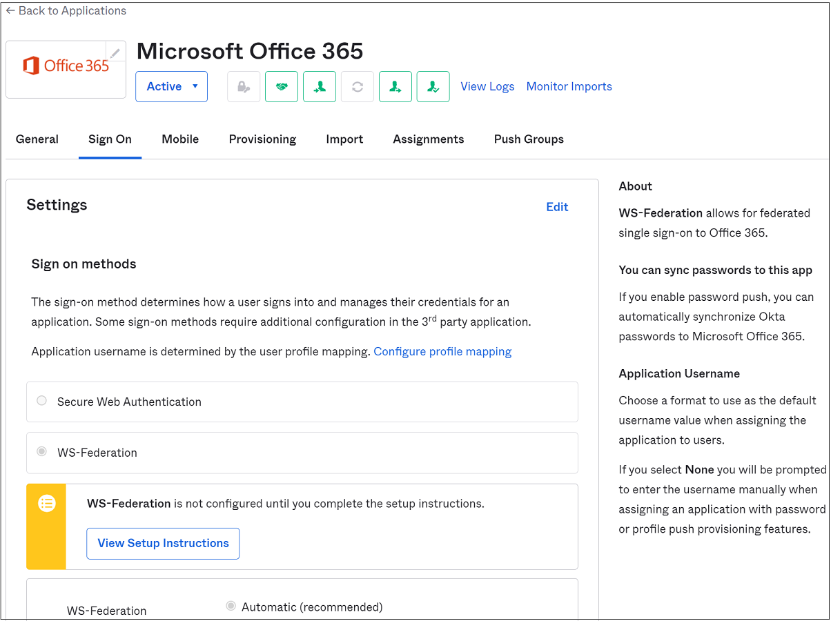 Microsoft Office 365 için Oturum Aç altındaki ayarların ekran görüntüsü.
