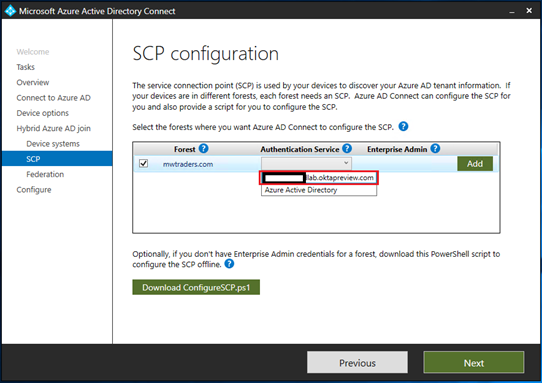 Microsoft Entra Connect iletişim kutusundaki Kimlik Doğrulama Hizmeti açılan listesinin ekran görüntüsü.