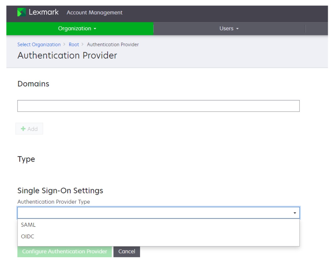 Kimlik doğrulama sağlayıcısı türünün ekran görüntüsü.