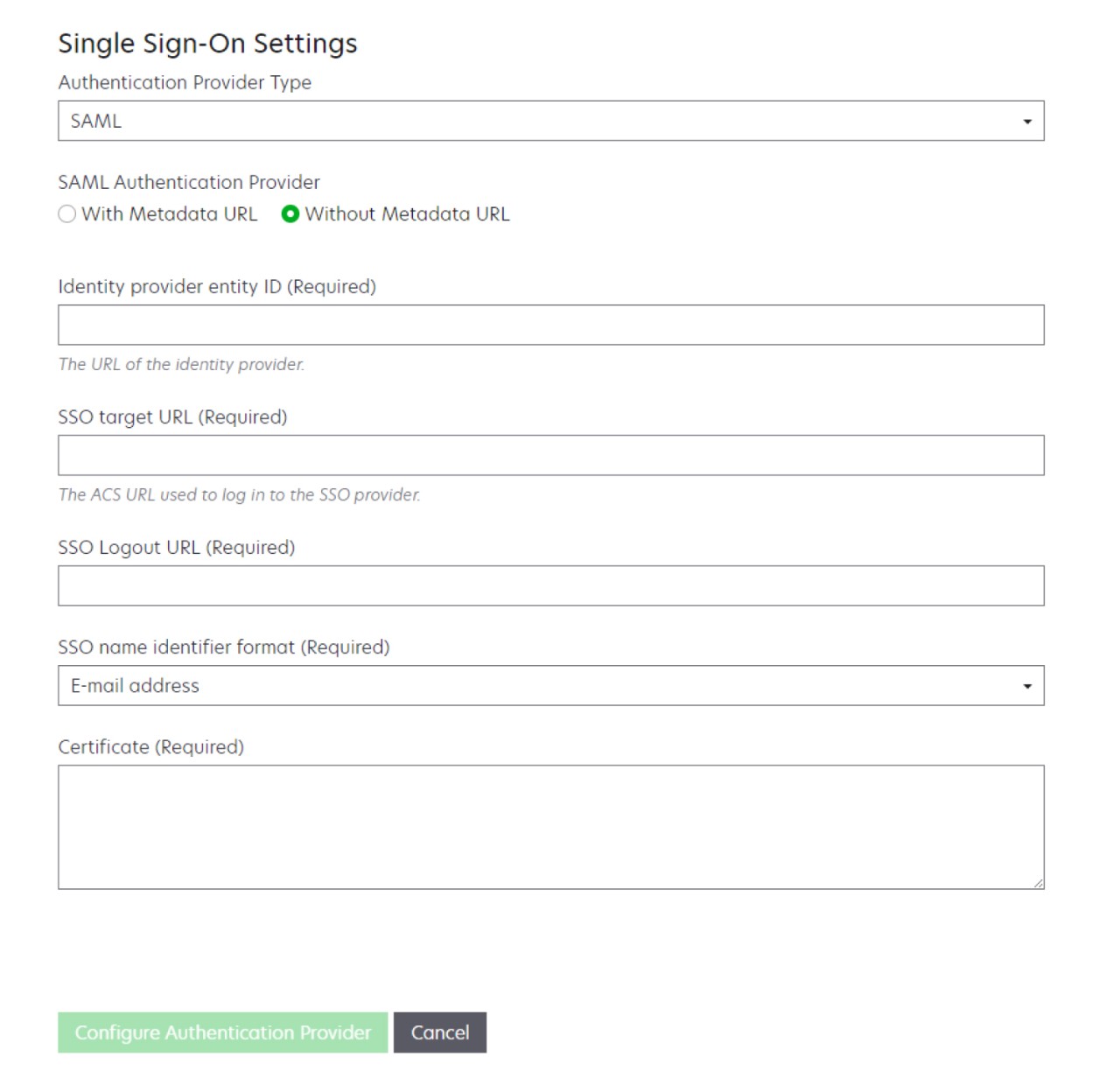 Meta veri URL'si olmadan çoklu oturum açma ayarlarının ekran görüntüsü.