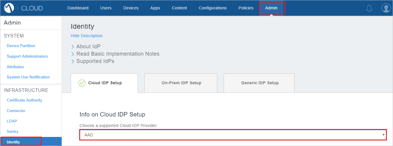 Kimlik'in seçili olduğu MobileIron sitesinin Yönetici sekmesini gösteren ekran görüntüsü.
