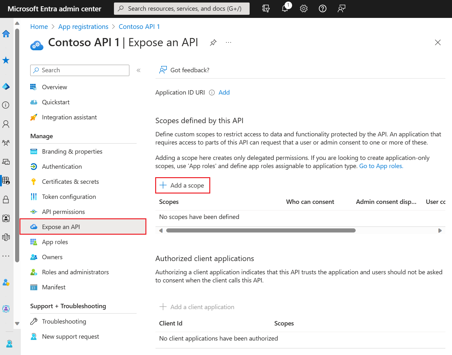 Bir uygulama kaydının Microsoft Entra yönetim merkezindeki bir API'yi açığa çıkarma bölmesinin ekran görüntüsü