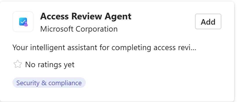 Microsoft Teams'de Access Review Agent uygulamasının ekran görüntüsü.