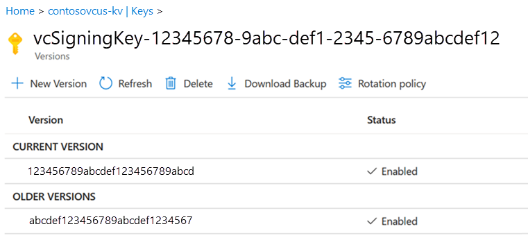 Key Vault'ta yeni bir anahtarı gösteren ekran görüntüsü.