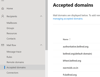 The screen displaying accepted domains.