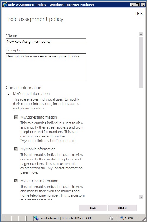 Role assignment policy dialog box in the EAC.