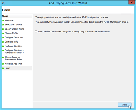 The Finish page in the Add Relying Party Trust Wizard.