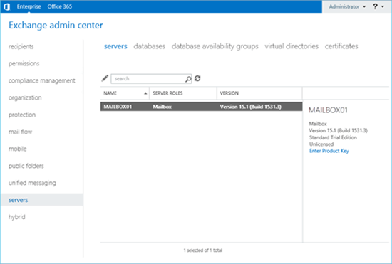 Selecting an unlicensed server in the Servers tab in the EAC.