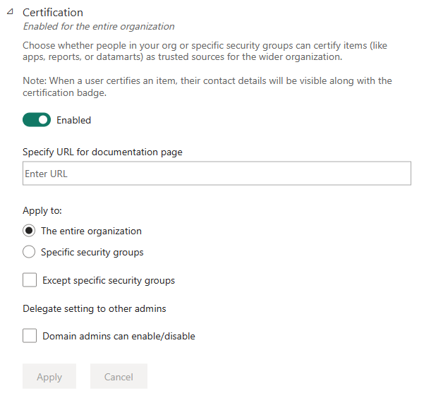 Veri kümesi ve veri akışı sertifikasının nasıl ayarlandığını gösteren ekran görüntüsü.