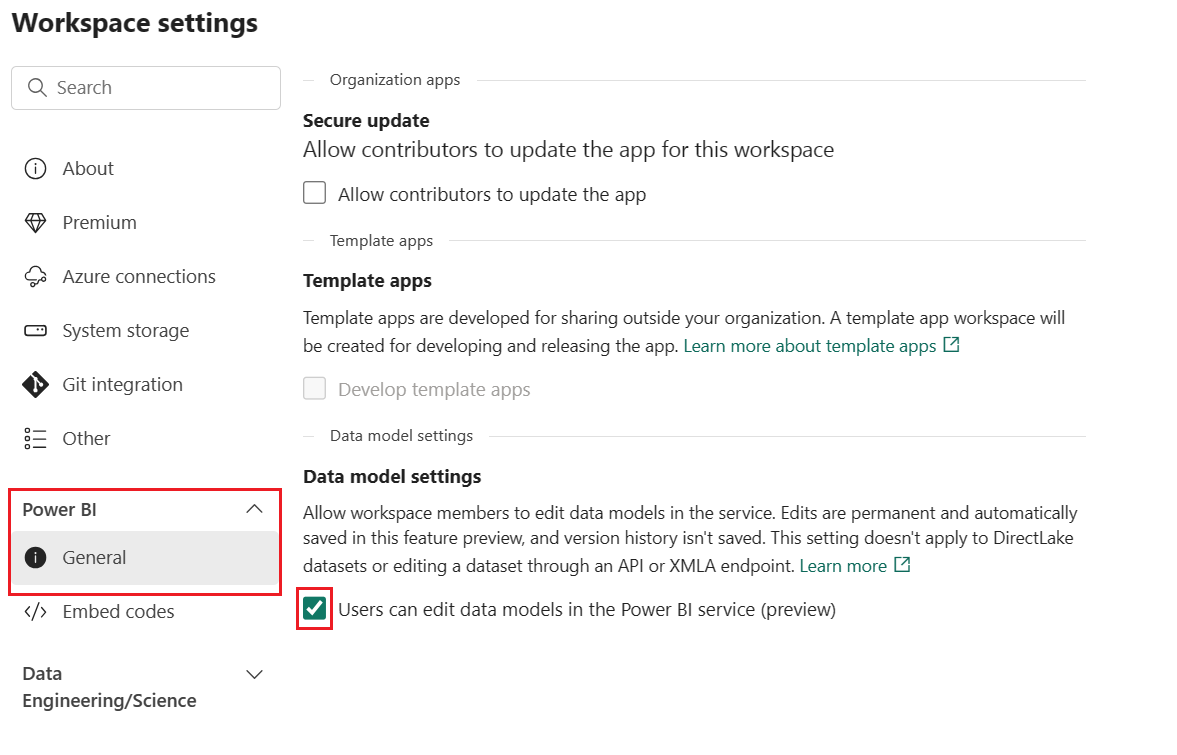 Screenshot of data model settings check box.