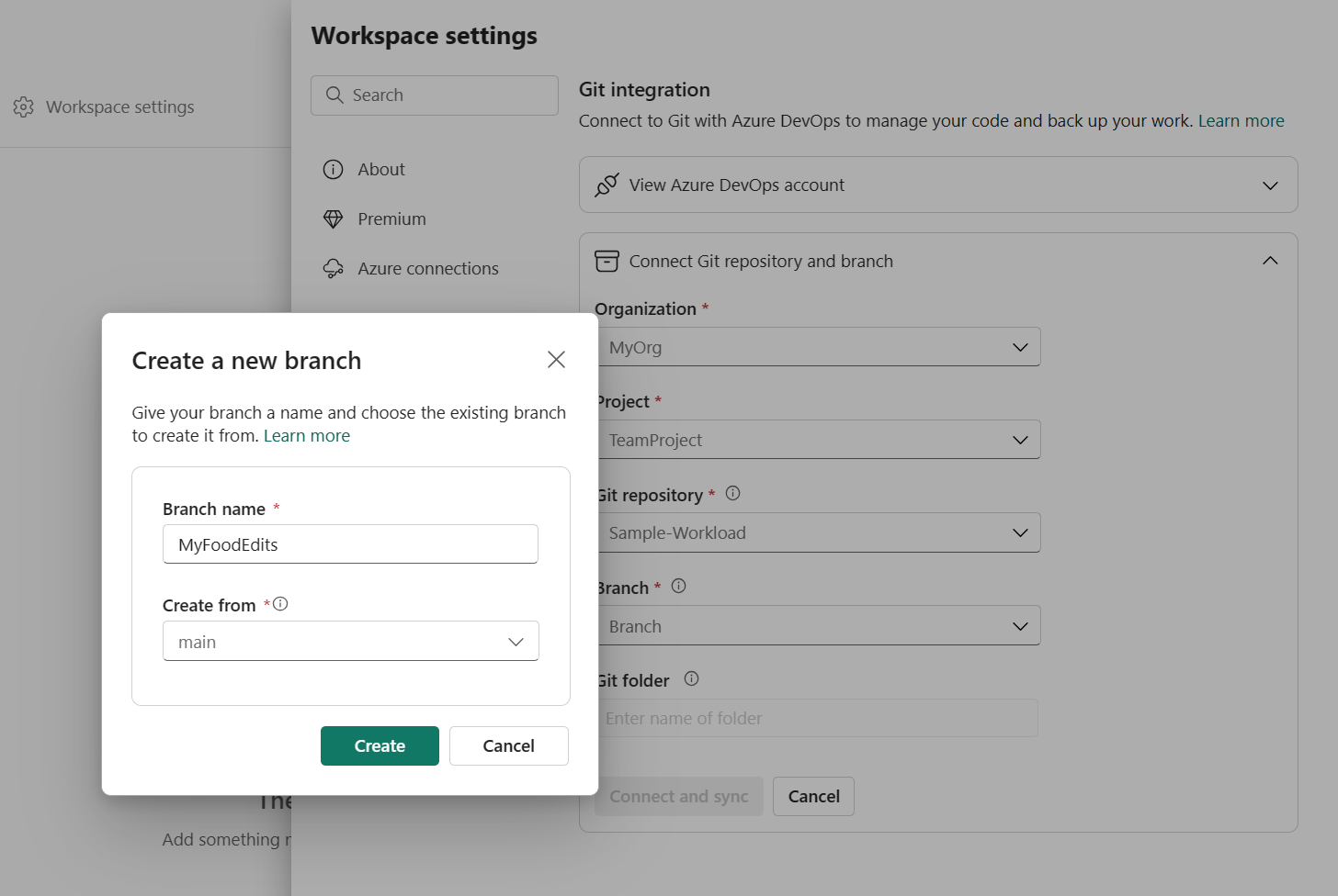 Screenshot of workspace settings window with create new branch.