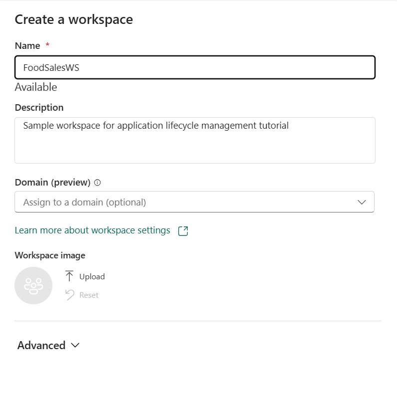 Screenshot of new workspace with name.