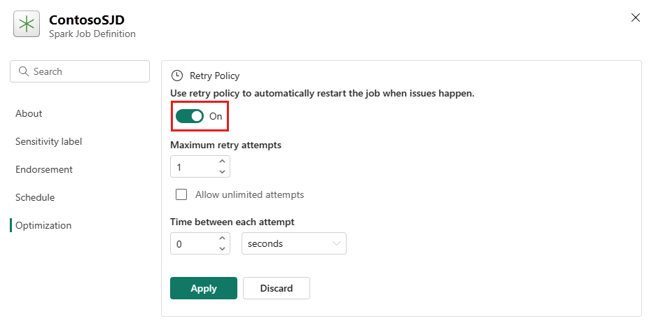 Screenshot showing Spark Job Definition optimization tab