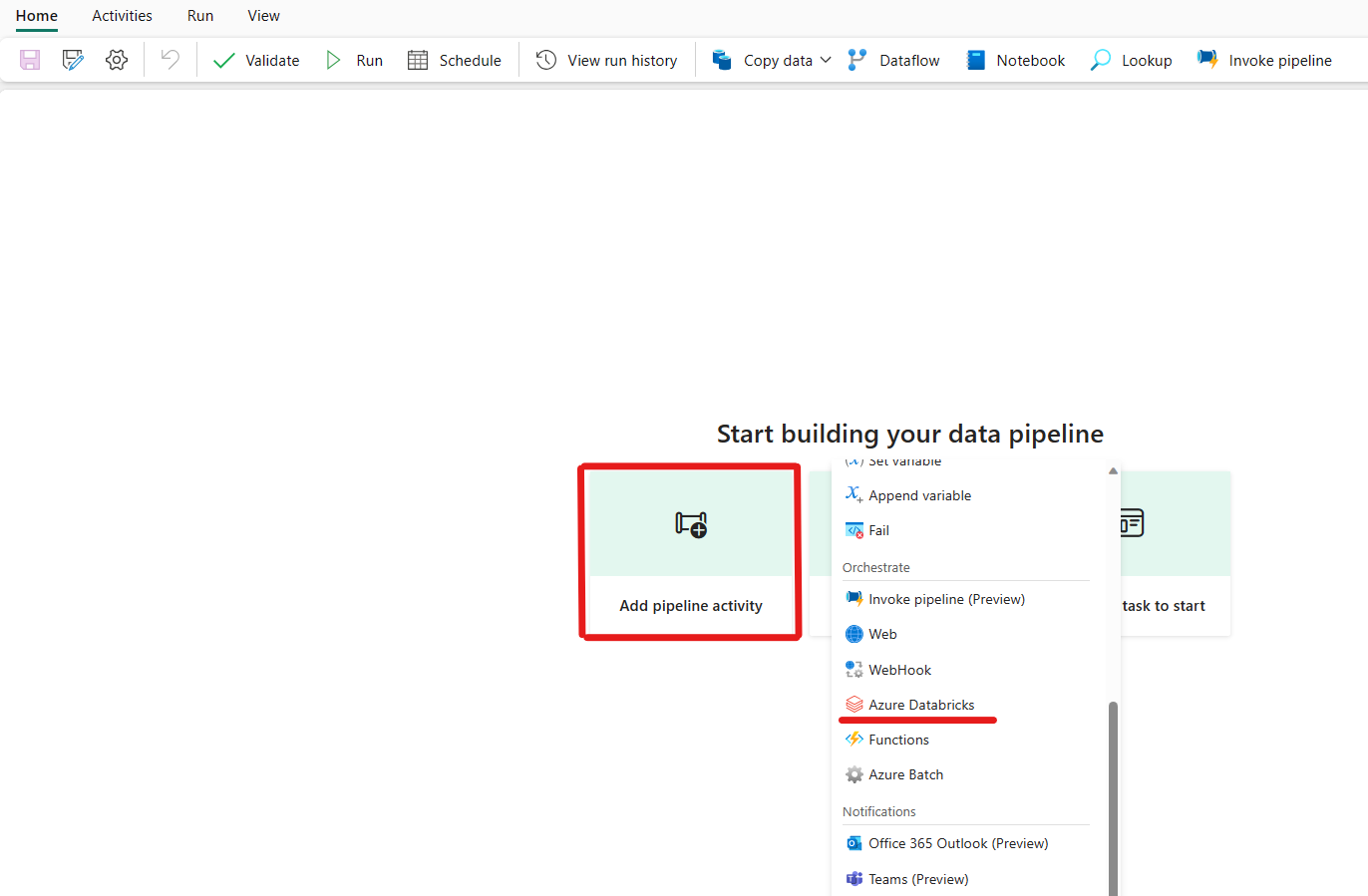 Screenshot of the Fabric Data pipelines landing page and Azure Databricks activity highlighted.