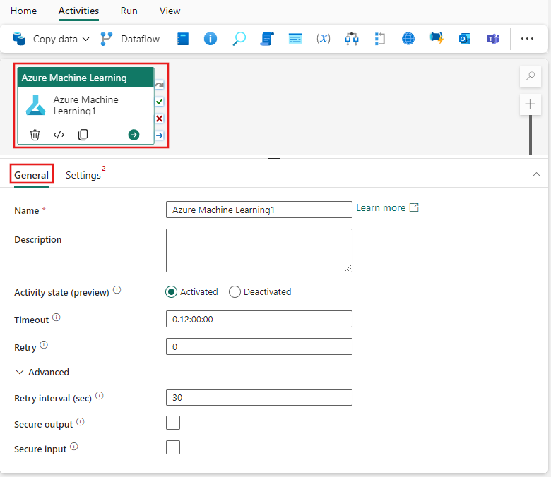 Azure Machine Learning etkinliğinin Genel ayarlar sekmesini gösteren ekran görüntüsü.