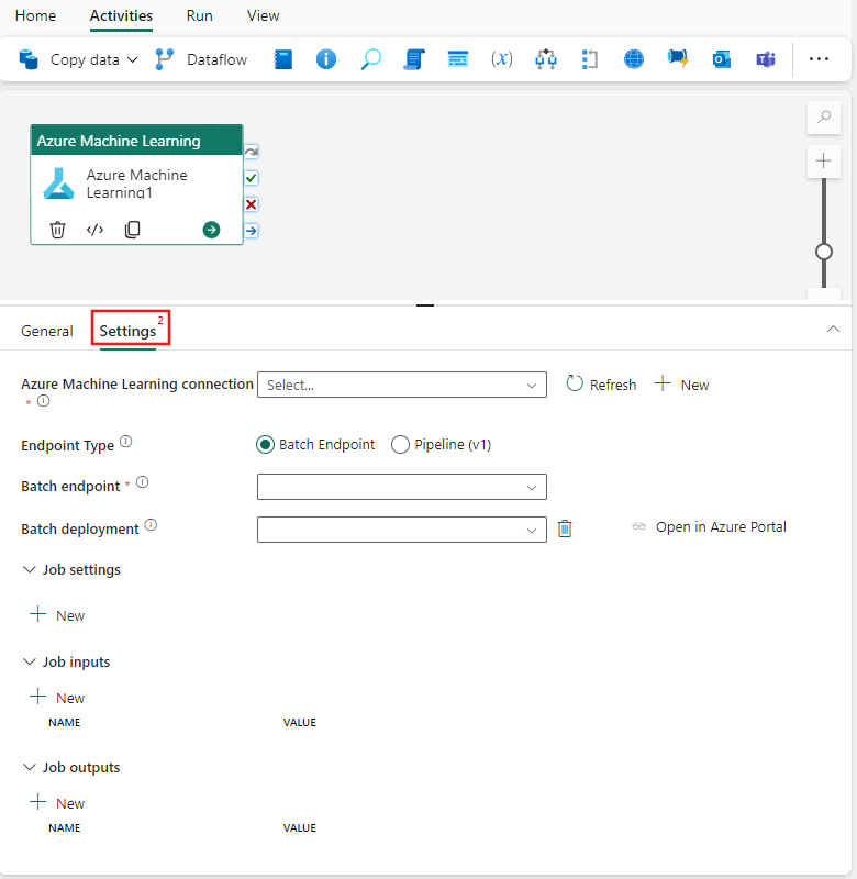 Azure Machine Learning etkinliğinin Ayarlar sekmesini gösteren ekran görüntüsü.