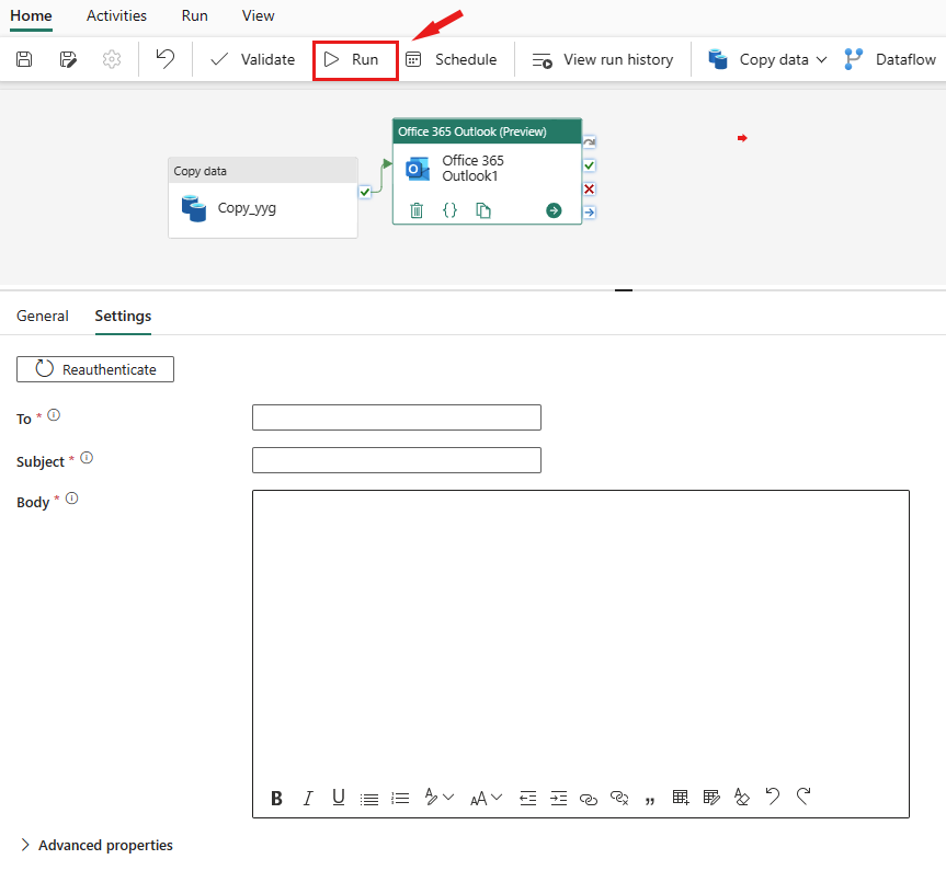 Office 365 Outlook etkinliğini gösteren ekran görüntüsü.
