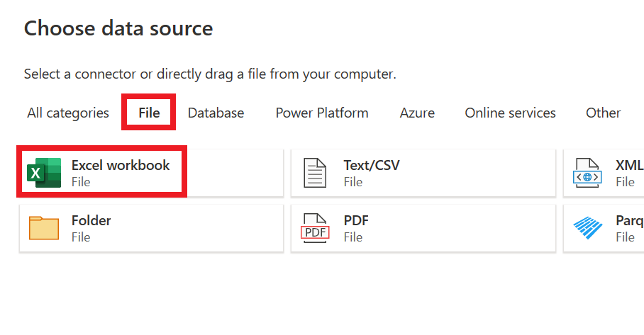 Dosya kategorisi ve Excel çalışma kitabı bağlayıcısının vurgulanmış olduğu Veri kaynağını seçin öğesini gösteren ekran görüntüsü.