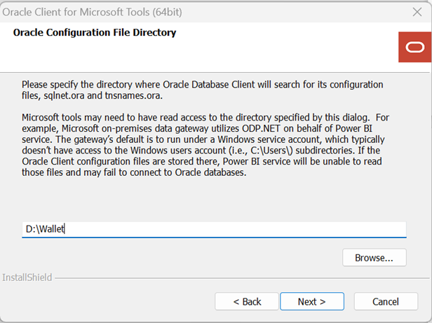 Oracle Yapılandırma Dosyası Dizini sayfasını gösteren ekran görüntüsü.