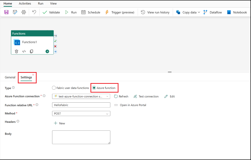 Azure İşlevi etkinliğinin Ayarlar sekmesini gösteren ekran görüntüsü.