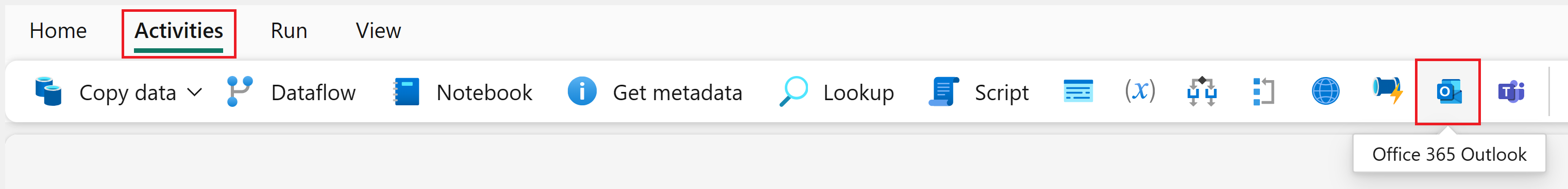 Screenshot emphasizing how to select an Office 365 Outlook activity.