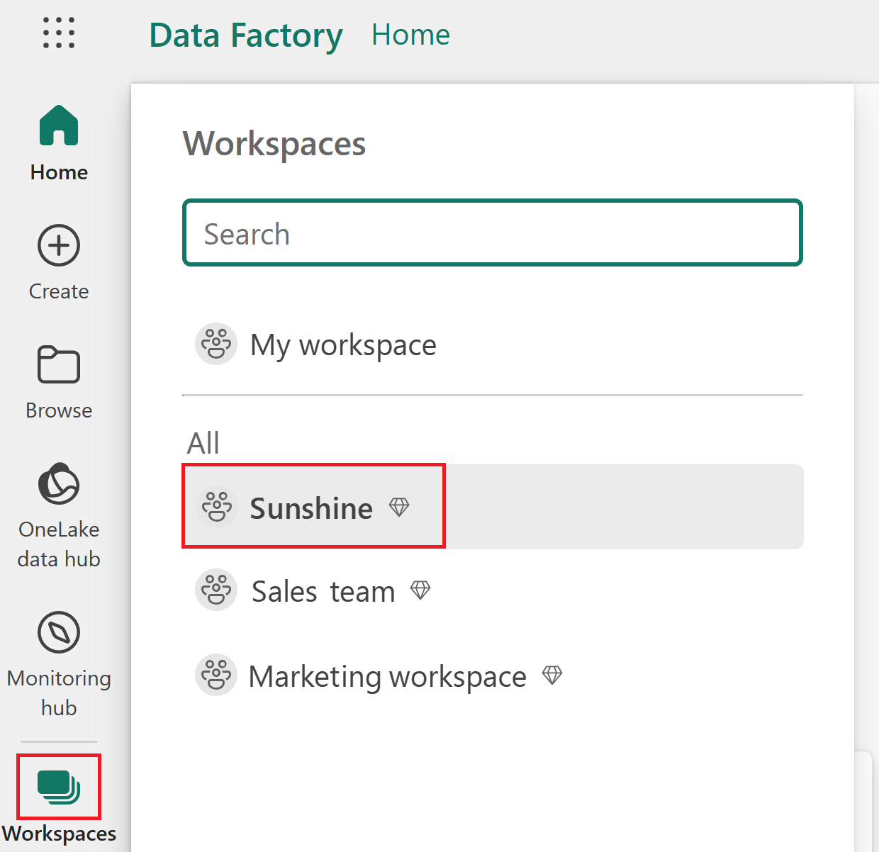 Screenshot of the Fabric enabled workspace emphasized.