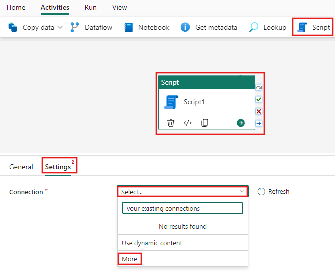 Screenshot showing the pipeline interface to create a new script activity and connect to your Azure Synapse Data Warehouse.
