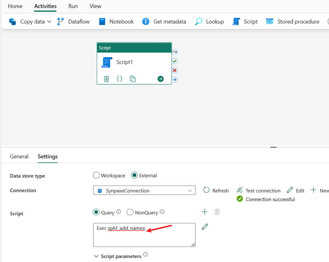 Screenshot showing the settings tab of the Script activity configured to execute the spM_add_names stored procedure.