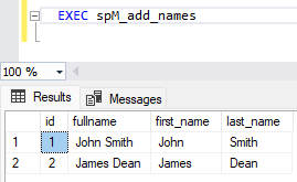 Screenshot showing the results of running the stored procedure to generate a sample table.