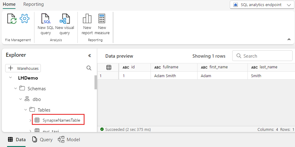 Screenshot showing the results in the SynapseNamesTable in Lakehouse.