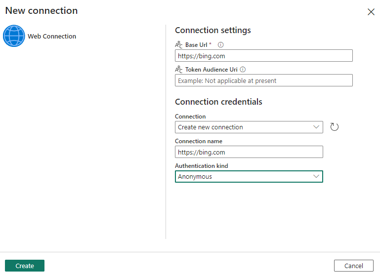 Screenshot showing the new connection dialog for the Web activity.
