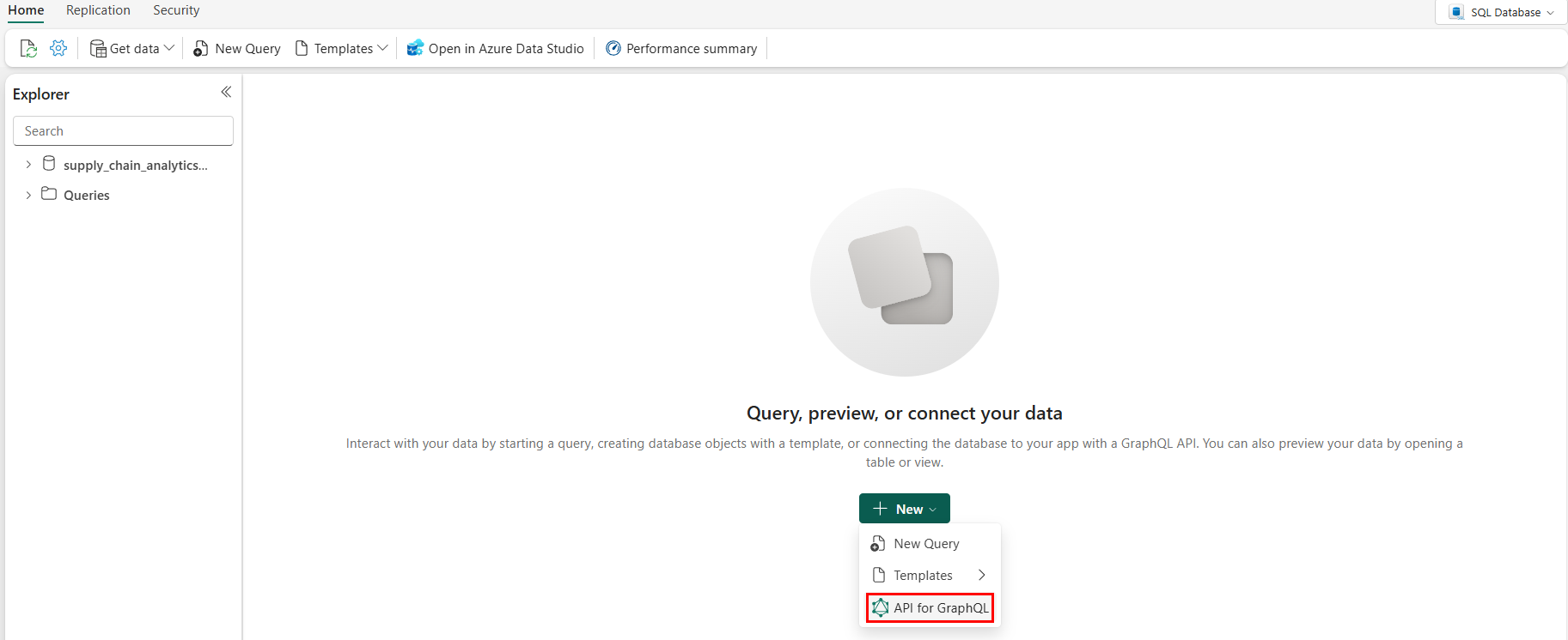 Veritabanı için Yeni düğmesini gösteren Doku portalının ekran görüntüsü.