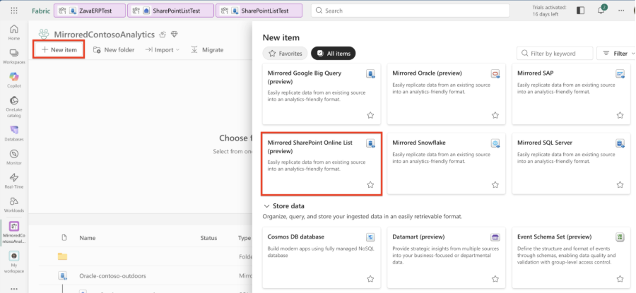 Yeni öğe menüsünde Yansıtılmış SharePoint Online Listesi seçeneğinin vurgulandığı Doku çalışma alanının ekran görüntüsü.