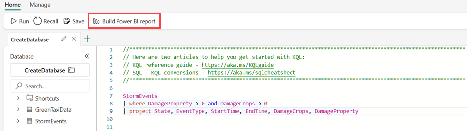 Screenshot of query editor showing an example query. The Build Power BI report option on the ribbon is highlighted.