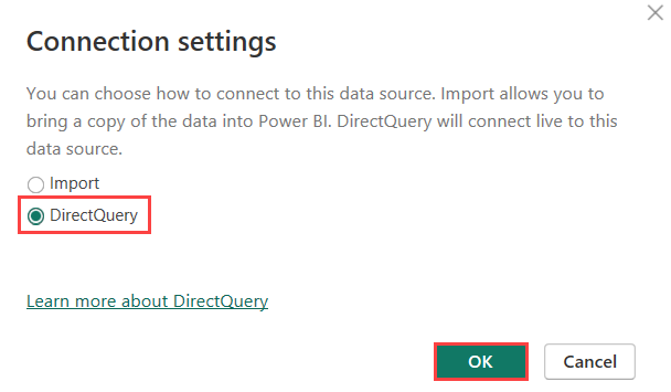 Kullanılabilir iki bağlantı modunu gösteren bağlantı ayarları bölmesinin ekran görüntüsü. DirectQuery seçildi.