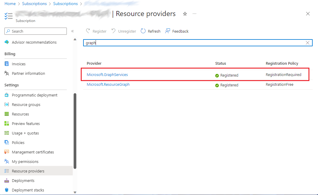 Screenshot that shows the Microsoft.GraphServices resource provider that should be registered.