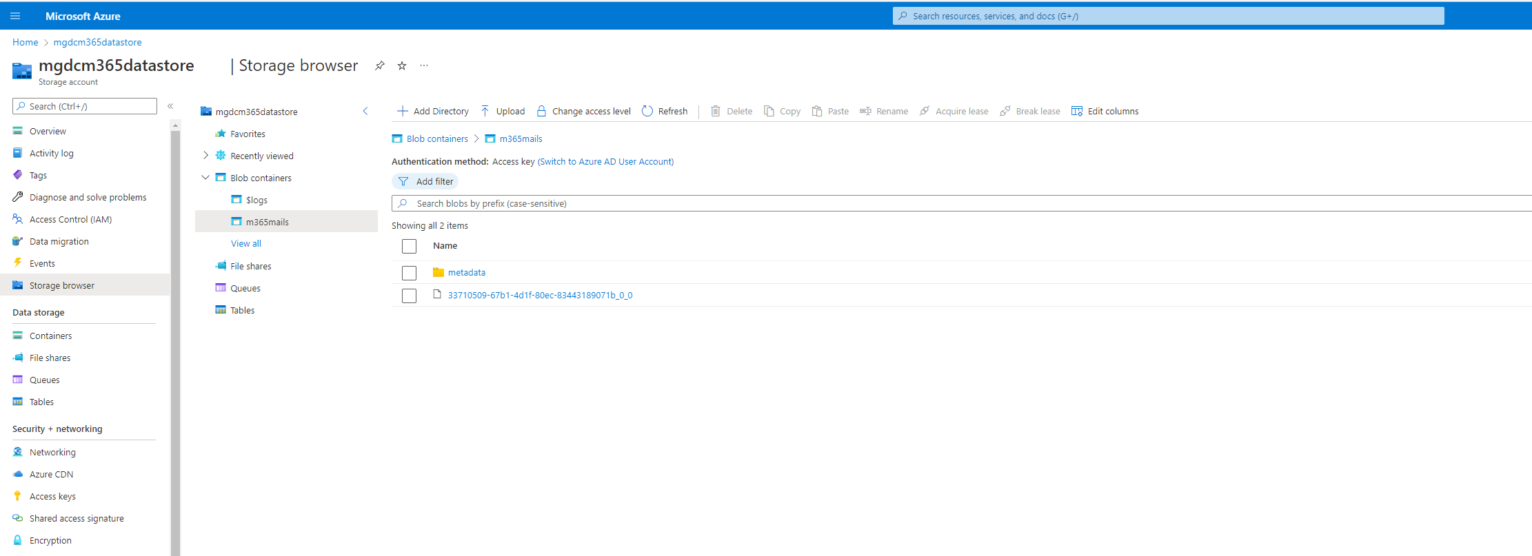 A screenshot showing the Azure portal UI for the Storage account service. It is showing the container where the extracted data is being stored.