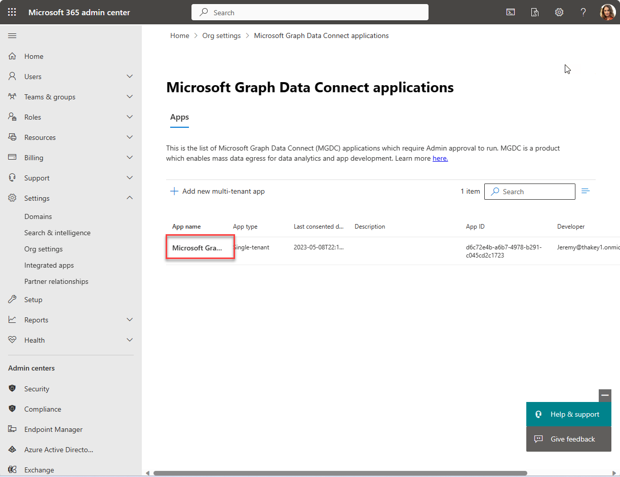 A screenshot that shows the pre-consented application in the landing page of the Microsoft Graph Data Connect applications portal.