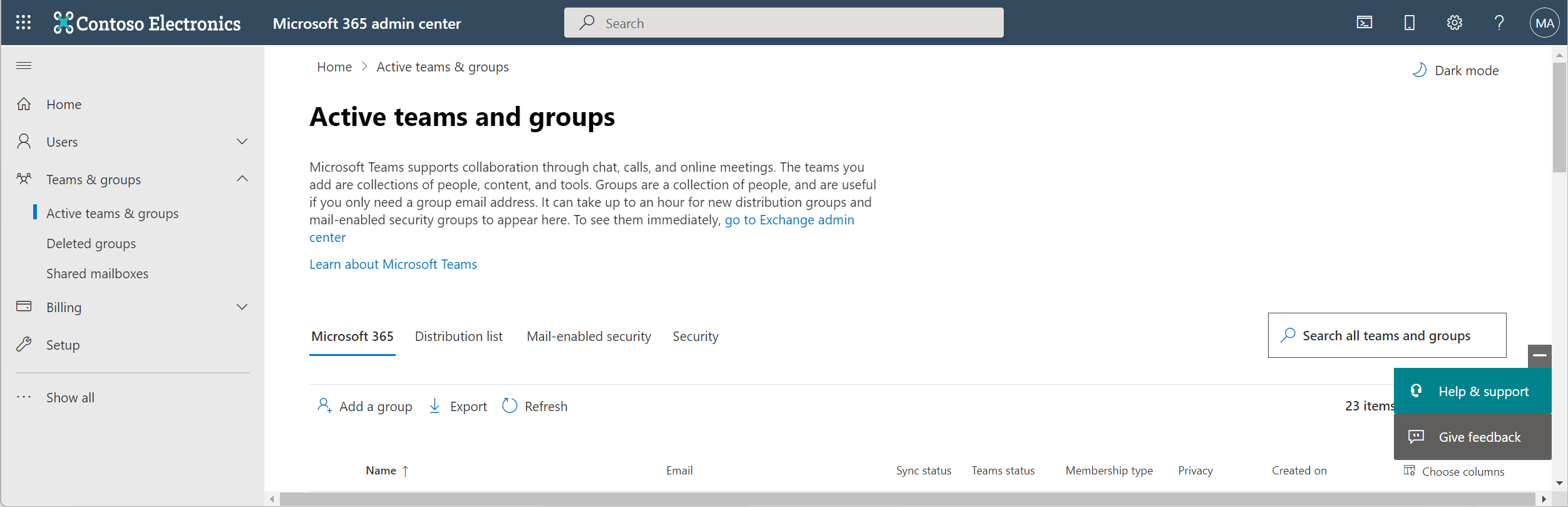 A screenshot showing the active groups in the Microsoft 365 admin center.