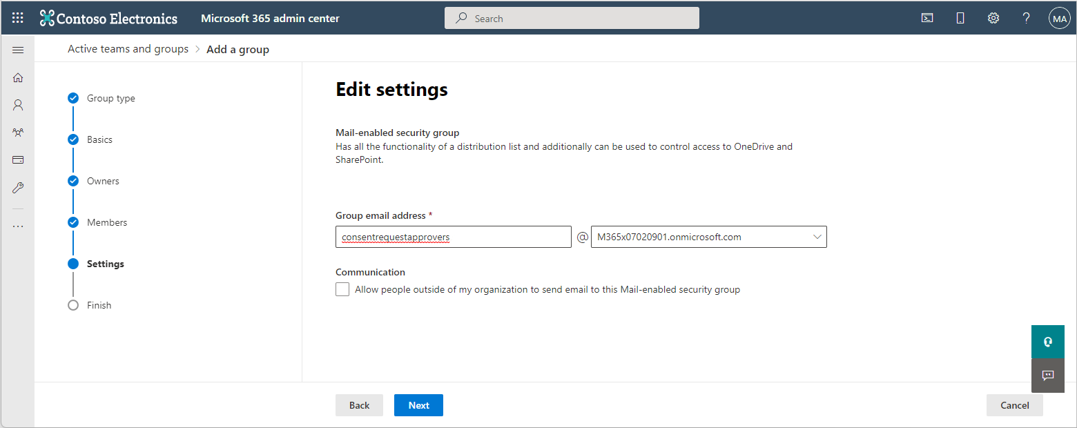 A screenshot showing a user creating the email address for the previously created group in the Microsoft 365 admin center.