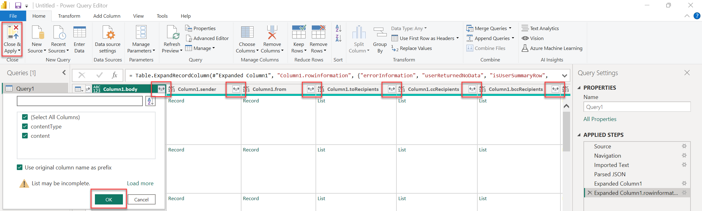 A screenshot that shows how to load all the columns in Power BI.