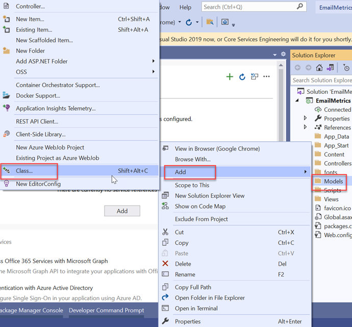 A screenshot of the Visual Studio interface showing how you can add a new class by right-clicking in the models folder.