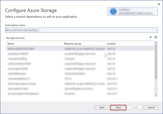 A screenshot of the Visual Studio interface showing the Configure Azure Storage, where you select the subscription and storage account.