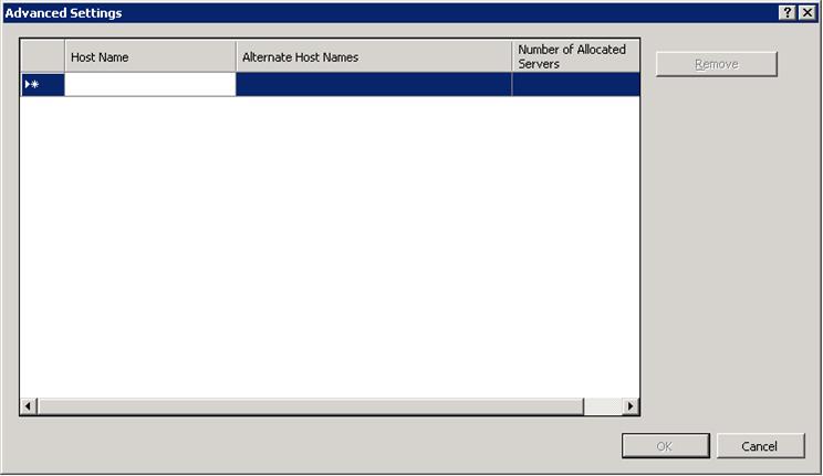 Screenshot of the default Advanced Settings dialog. The host name row is empty.
