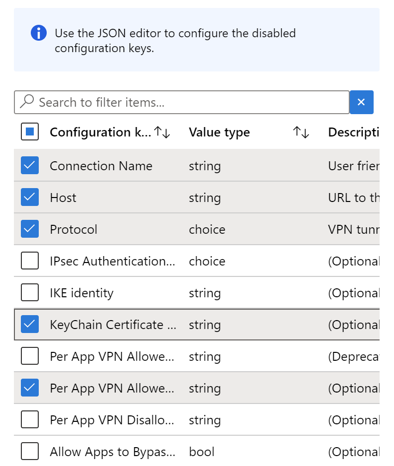 Yapılandırma Designer kullanarak Microsoft Intune'da bir VPN uygulaması yapılandırma ilkesine yapılandırma anahtarları ekleyin .