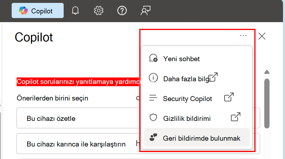Microsoft Intune ve Intune yönetim merkezinde geri bildirim Azure seçeneğini gösteren ekran görüntüsü.