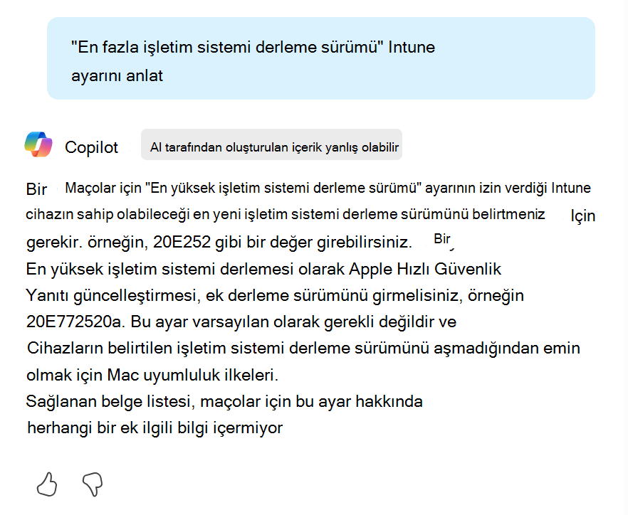 Microsoft Intune yönetim merkezindeki bir uyumluluk ilkesinde Copilot araç ipucunu seçtiğinizde bir ayar hakkında daha fazla bilgi gösteren ekran görüntüsü.