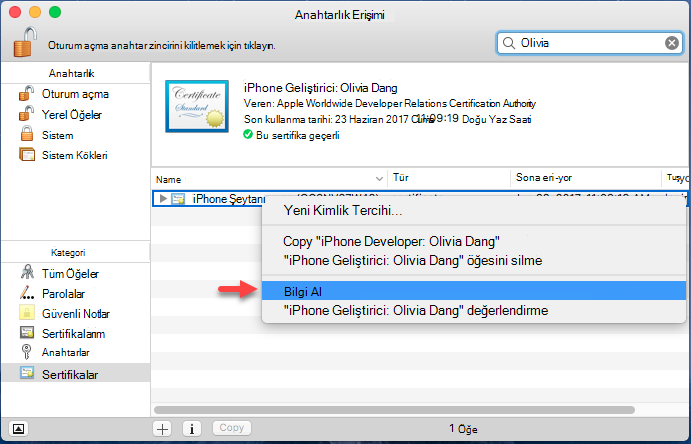 Sertifikanızı anahtarlığa ekleme