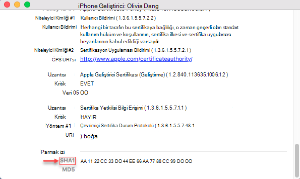 iPhone bilgileri - Parmak İzleri SHA1 dizesi